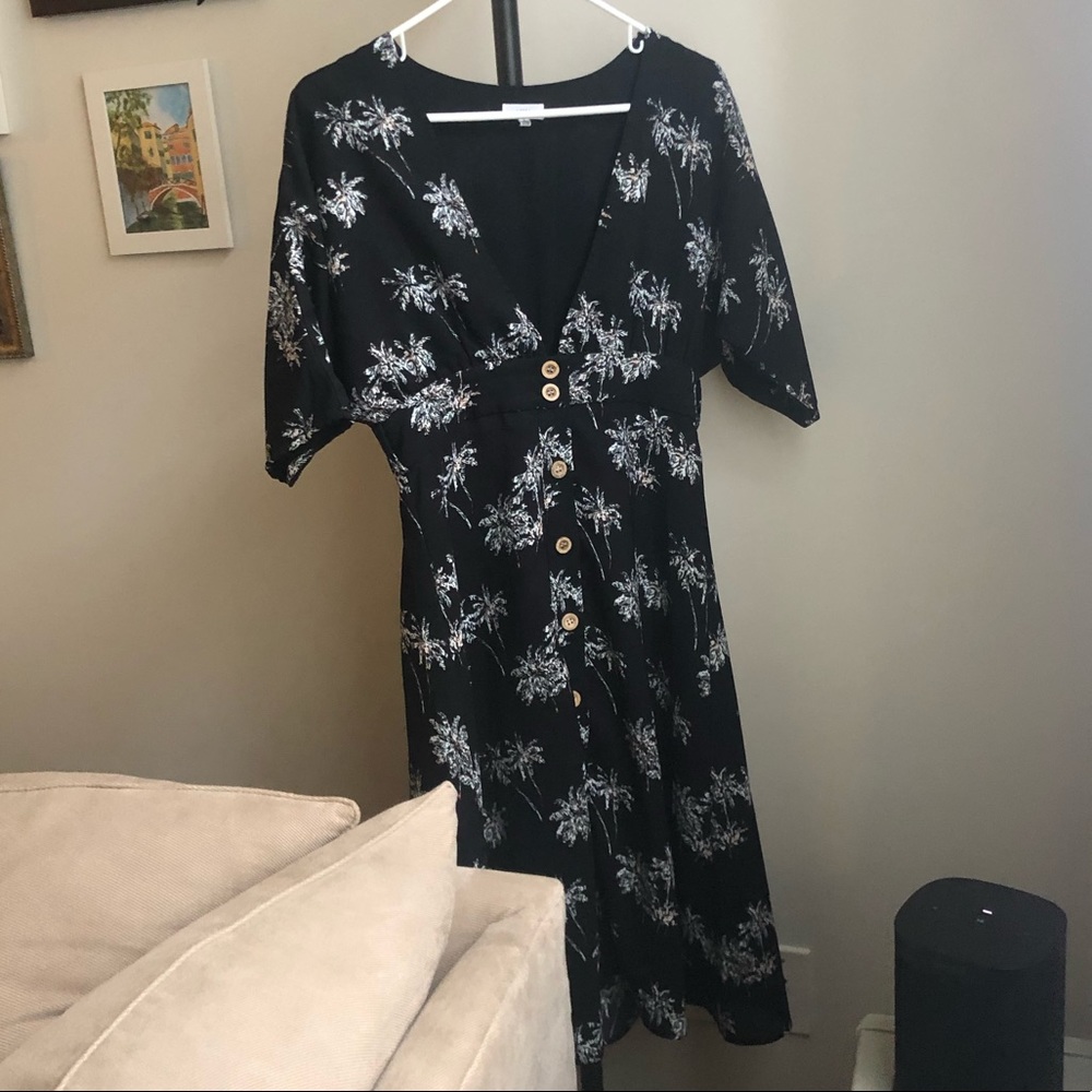 Black floral print v neck dress